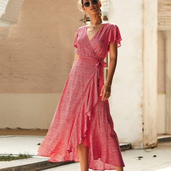 Anthropologie Dresses & Skirts - Brand new! Anthro Red printed wrap maxi dress slip